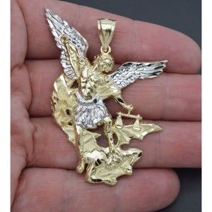 Real 10K Solid Yellow-White Gold Saint San Michael Miguel Charm Pendant 7.3gr